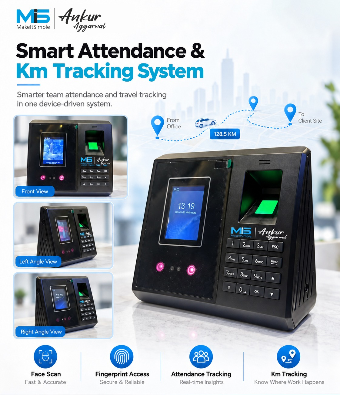 MIS Attendance Machine โ face and fingerprint terminal โ front, left and right view