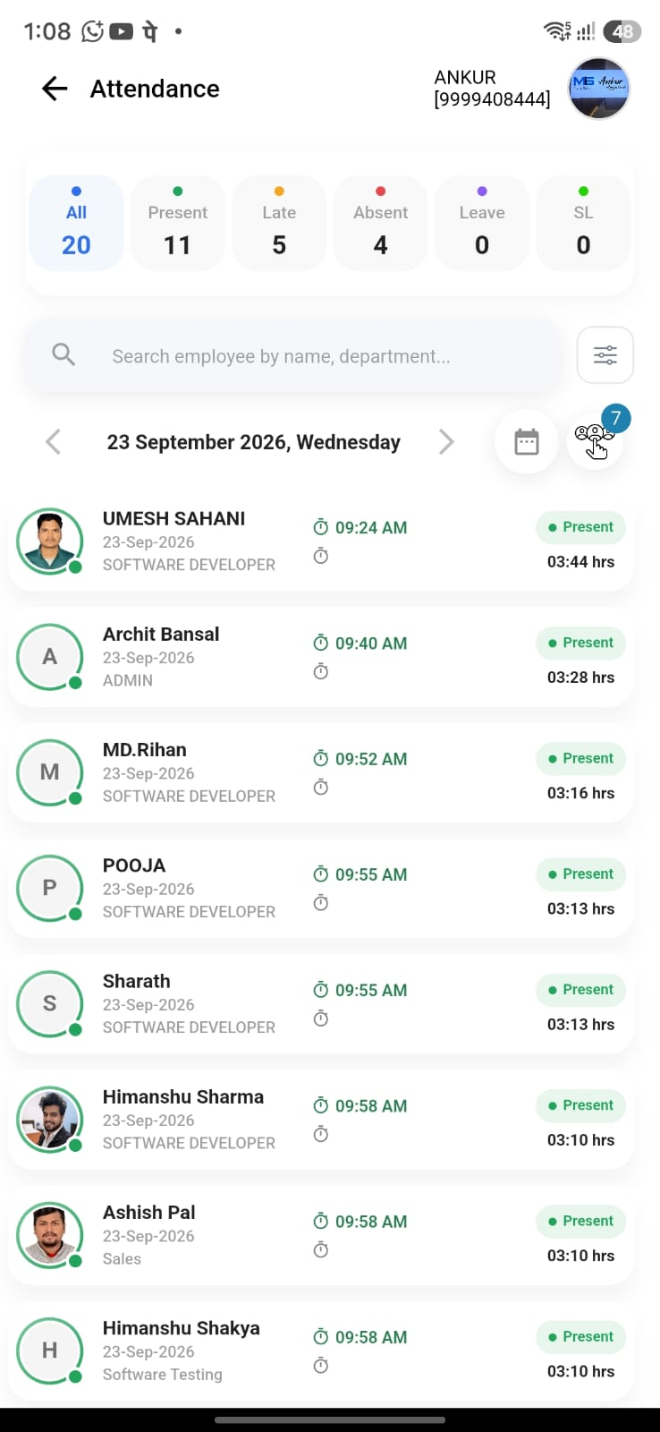 Team attendance list in app