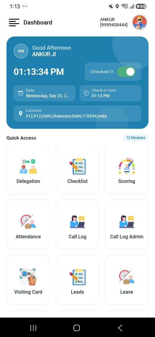 MIS Work app dashboard with check-in toggle