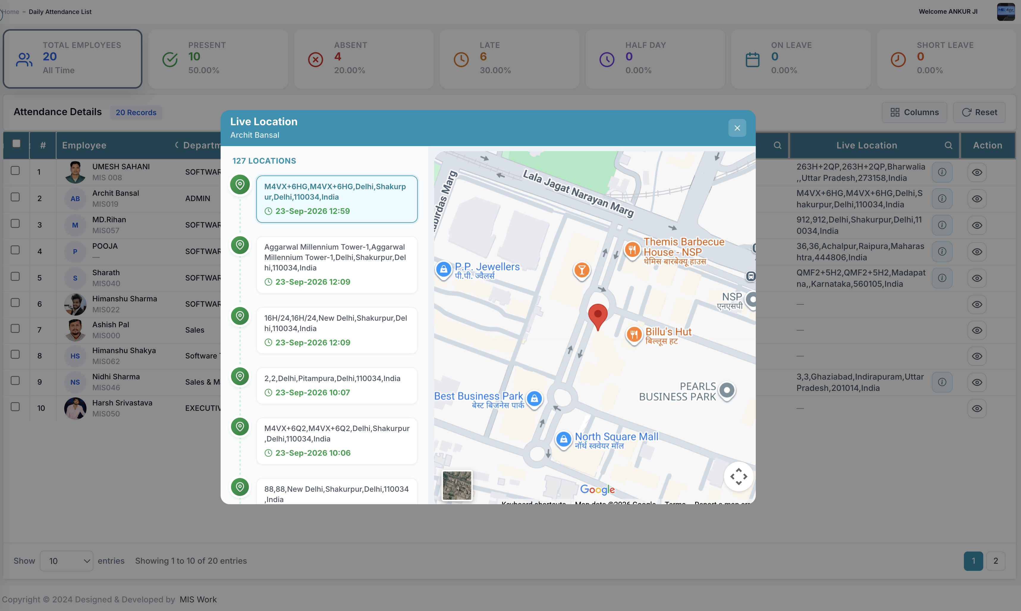 Live location of employee on map